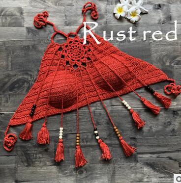 2018 Tassel Crochet Knitted Halter Slim Bikini Tops maillot de bain femme Swimwear Bathing Suit Women Swimsuit