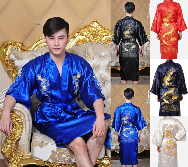 Chinese Silk Dragon Man Pajamas Male Satin Bathrobe 5 Color Adult Nightgown At Home for Sleepwear Chinese Traditional Costume 89