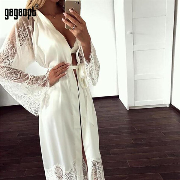 Gagaopt 2019 Spring 3 Colors Lace Nightgowns Women Long Sleeve Fashion Sexy Nightgowns With Belt Sleepwear