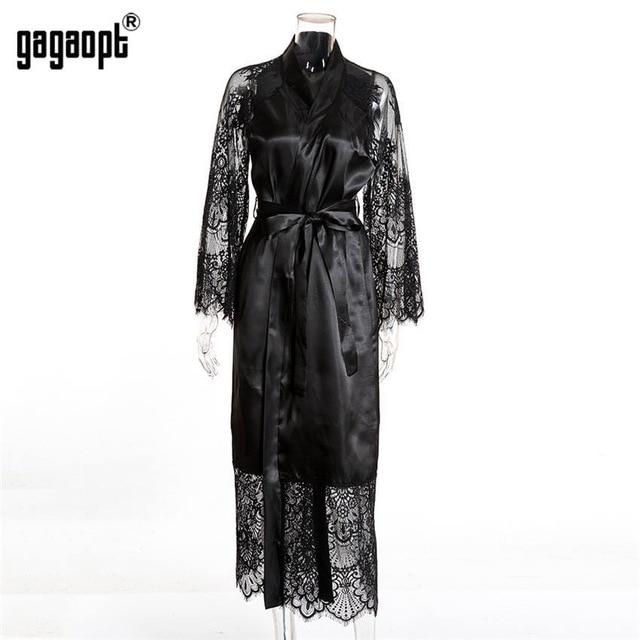 Gagaopt 2019 Spring 3 Colors Lace Nightgowns Women Long Sleeve Fashion Sexy Nightgowns With Belt Sleepwear