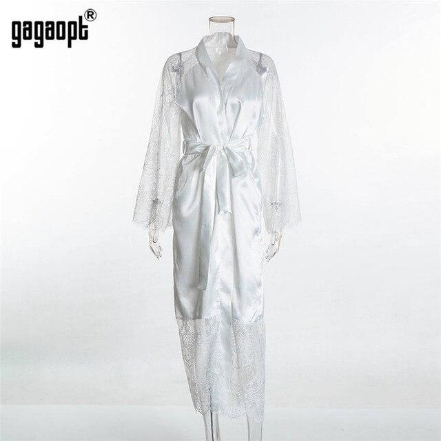 Gagaopt 2019 Spring 3 Colors Lace Nightgowns Women Long Sleeve Fashion Sexy Nightgowns With Belt Sleepwear