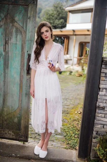Lisacmvpnel Long Style Lace Sexy Women Nightdress Deep V Outwear Sleepwear