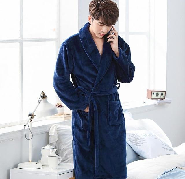 Men Casual Kimono Bathrobe Autumn Winter Flannel Long Robe Thick Warm Sleepwear Full Sleeve Nightgown Male Casual Home Wear