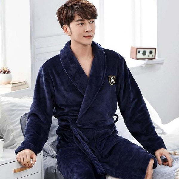 Men Casual Kimono Bathrobe Autumn Winter Flannel Long Robe Thick Warm Sleepwear Full Sleeve Nightgown Male Casual Home Wear