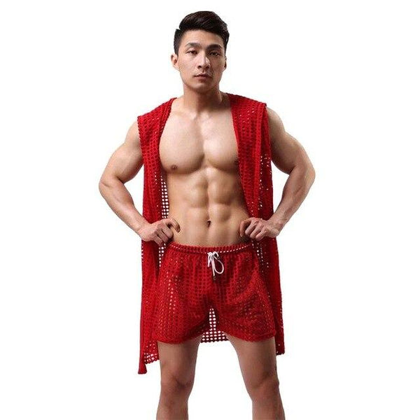 Men Sexy Fishnet Transparent Hooded Bathrobe Fashion Brand 2019 Gay Long Bath Robe Nightgowns