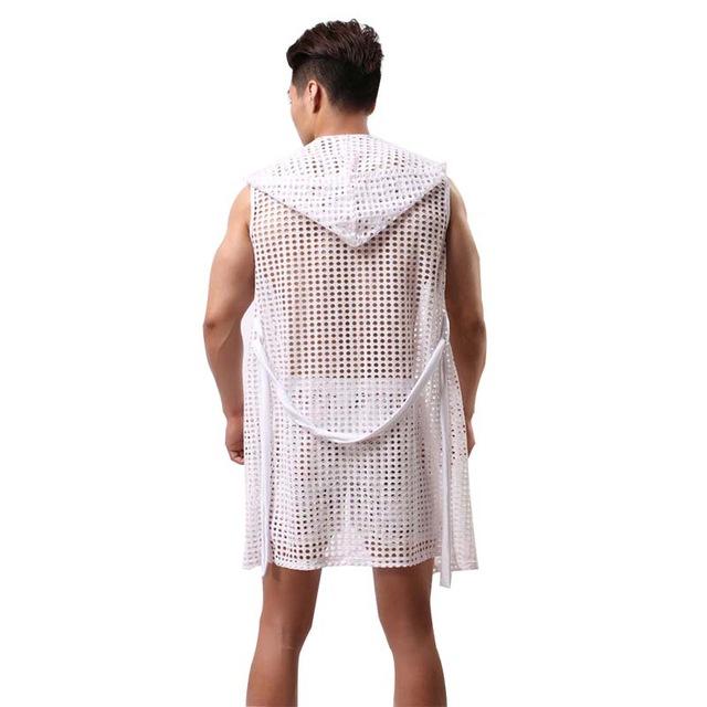 Men Sexy Fishnet Transparent Hooded Bathrobe Fashion Brand 2019 Gay Long Bath Robe Nightgowns