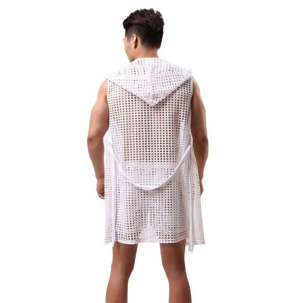 Men Sexy Fishnet Transparent Hooded Bathrobe Fashion Brand 2019 Gay Long Bath Robe Nightgowns