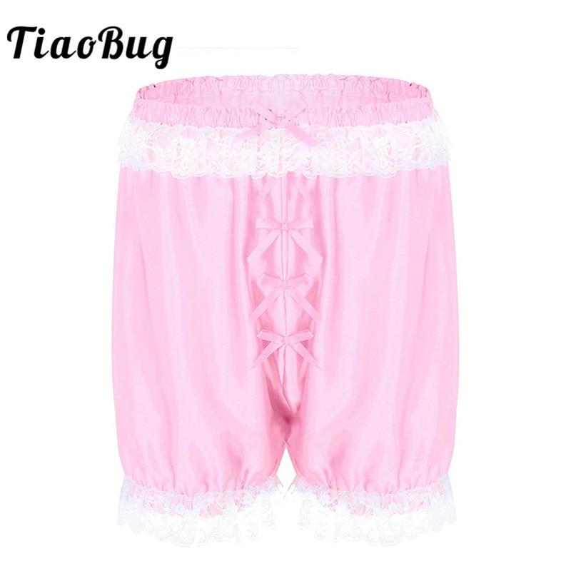 TiaoBug Men Lace Soft Sissy Lingerie Cross-dress Panties Shorts Bloomers Lightweight Loose Lounge Short Pants Sexy Gay Nightwear