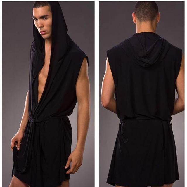 Men's Nightgown Sexy Ice Silk Summer Autumn Slim Hooded Sleeveless Nightgown Male Robes Sleepwear #115
