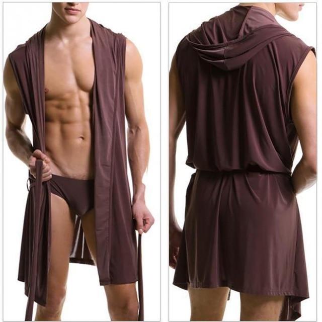Men's Nightgown Sexy Ice Silk Summer Autumn Slim Hooded Sleeveless Nightgown Male Robes Sleepwear #115