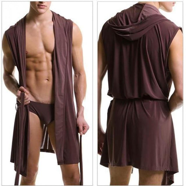 Men's Nightgown Sexy Ice Silk Summer Autumn Slim Hooded Sleeveless Nightgown Male Robes Sleepwear #115