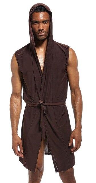 Sexy Men Underwear Ice Silk Robe Gown Male Bathrobe Nightgown Men's Sleeveless Hooded Robes peignoir homme kimono men briefs Gay