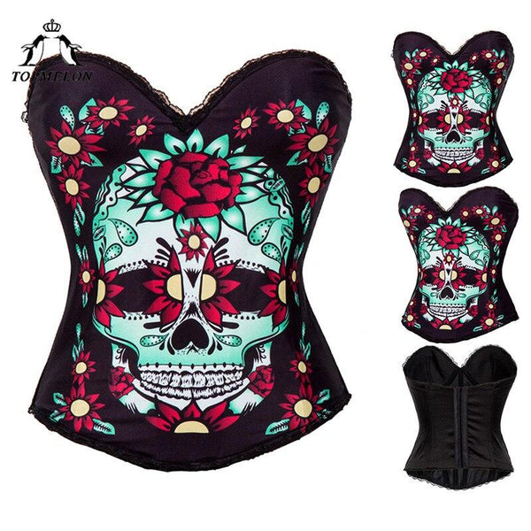 TOPMELON Skeleton Bustier Punk Style Gothic Corset Skull Pattern Top for Women Lace Decorated Black Tummy Control Corsets