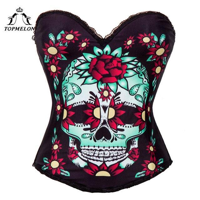 TOPMELON Skeleton Bustier Punk Style Gothic Corset Skull Pattern Top for Women Lace Decorated Black Tummy Control Corsets