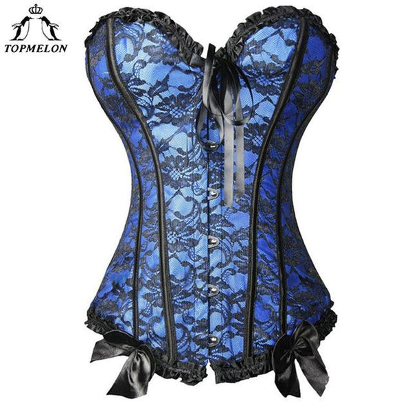 TOPMELON Steampunk Waist Trainer Corset Bustier Gothic Corselet Corset Women Modeling Strap Lace Bow Floral Party Show Club Tops