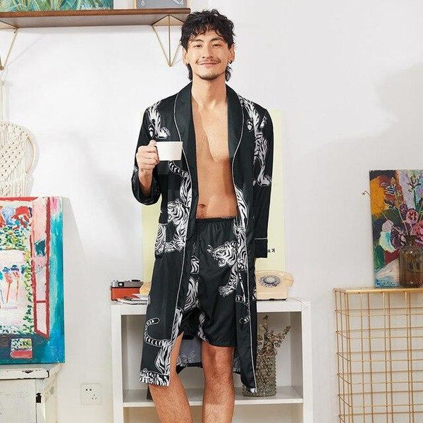Chinese Men Satin Robe Casual Kimono Bath Gown Sleepwear Nightgown Rayon Long Sleeve Print Tiger Home Dress Sleep Wear Pajamas