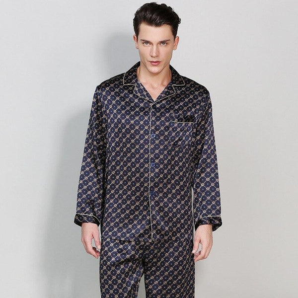CEARPION Men Long Sleeve Sleepwear 100% Silk Pajamas Suit Casual Home Wear Men Comfortable 2PCS Shirt+Pant Nightwear Nightgown