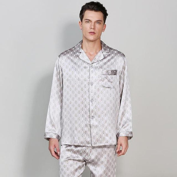 CEARPION Men Long Sleeve Sleepwear 100% Silk Pajamas Suit Casual Home Wear Men Comfortable 2PCS Shirt+Pant Nightwear Nightgown