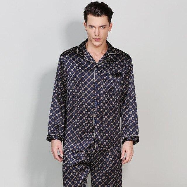 CEARPION Men Long Sleeve Sleepwear 100% Silk Pajamas Suit Casual Home Wear Men Comfortable 2PCS Shirt+Pant Nightwear Nightgown