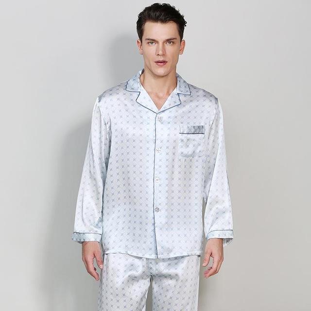 CEARPION Men Long Sleeve Sleepwear 100% Silk Pajamas Suit Casual Home Wear Men Comfortable 2PCS Shirt+Pant Nightwear Nightgown