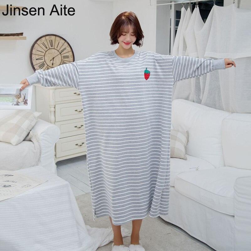 Jinsen Aite Cotton Women Nightgowns Spring Autumn Long Sleeve Casual Loose Striped Large Size Comfortable Sleepwear Dress JS735