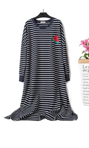 Jinsen Aite Cotton Women Nightgowns Spring Autumn Long Sleeve Casual Loose Striped Large Size Comfortable Sleepwear Dress JS735