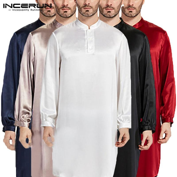 Nightgown Men Robe Pajamas Silk Satin Long Sleeve Bathrobe Lounge Arabe Kurtas Dress Shirt Gown Masculina Islamic Men Clothes