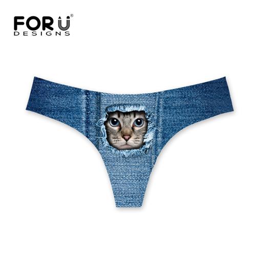 FORUDESIGNS Brazilian Bikini Bottoms Thong Swimsuit Cute Denim Cat Design G-string Sexy Swimwear Shorts Women Tankini Swimsuits