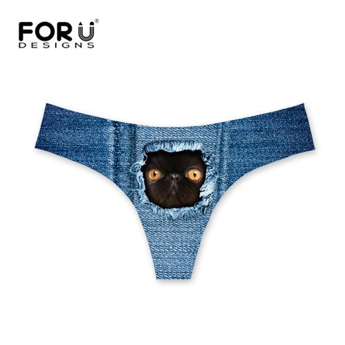FORUDESIGNS Brazilian Bikini Bottoms Thong Swimsuit Cute Denim Cat Design G-string Sexy Swimwear Shorts Women Tankini Swimsuits