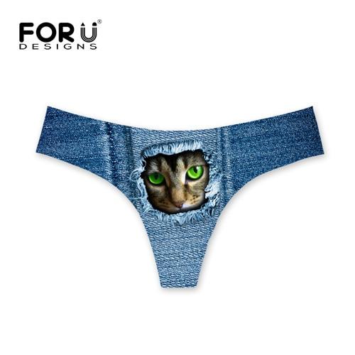 FORUDESIGNS Brazilian Bikini Bottoms Thong Swimsuit Cute Denim Cat Design G-string Sexy Swimwear Shorts Women Tankini Swimsuits