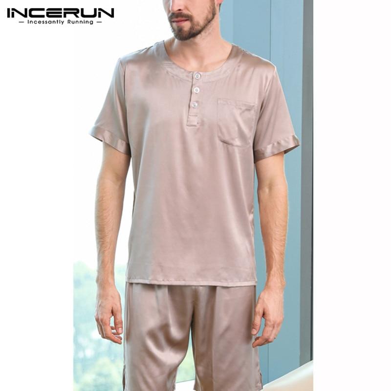 2019 Male Underwear Summer Lounge Men Pajamas Suits Soft Silk Satin Nightgown Pyjamas Sleepwear Set Homewear Tee Tops Shorts