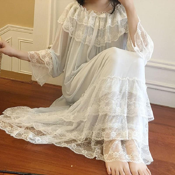 Autumn White Gauze Cotton Women's Nightgowns Lace Long Sleepwear Elegant Female Vintage Princess Night Dress Home Wear 2225