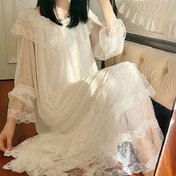 Autumn White Gauze Cotton Women's Nightgowns Lace Long Sleepwear Elegant Female Vintage Princess Night Dress Home Wear 2225