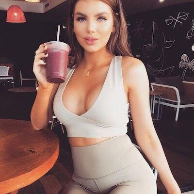 Topmelon 2019 Sport Suit To yoga Women Seamless Solid Yoga Set Sports Bra Set Gray Peach Buttock Pant DeepV Top