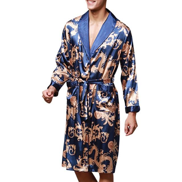 Men Mens Robe Long Sleeves Bathrobe Silk Kimono Print Pajamas Bathrobe Night Dressing Gown #2
