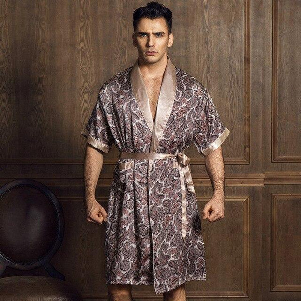 Summer Noble Sexy Satin Silk Men's Robe Fashion Printed Half-Sleeve Male Bathrobes Kimono V-Neck Faux Silk Sleepwear Night Gown