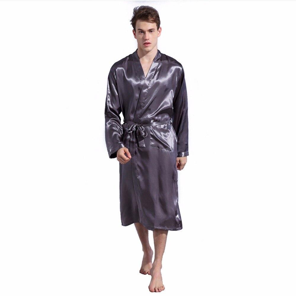 Grey Men's Robes Silk Satin Pajama Sleepwear Long Robes Night Gown loose Bathrobes Long-Sleeve Pijama Male Sleeping Robe S-XXL