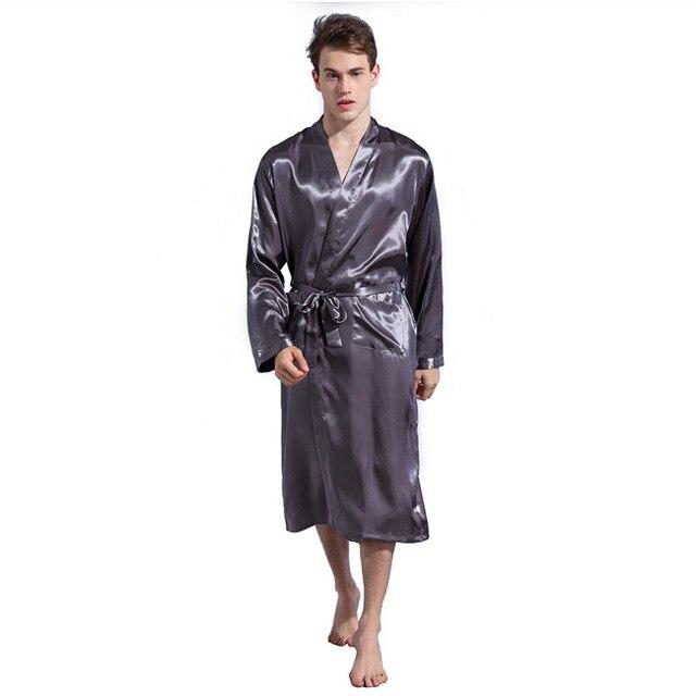 Grey Men's Robes Silk Satin Pajama Sleepwear Long Robes Night Gown loose Bathrobes Long-Sleeve Pijama Male Sleeping Robe S-XXL