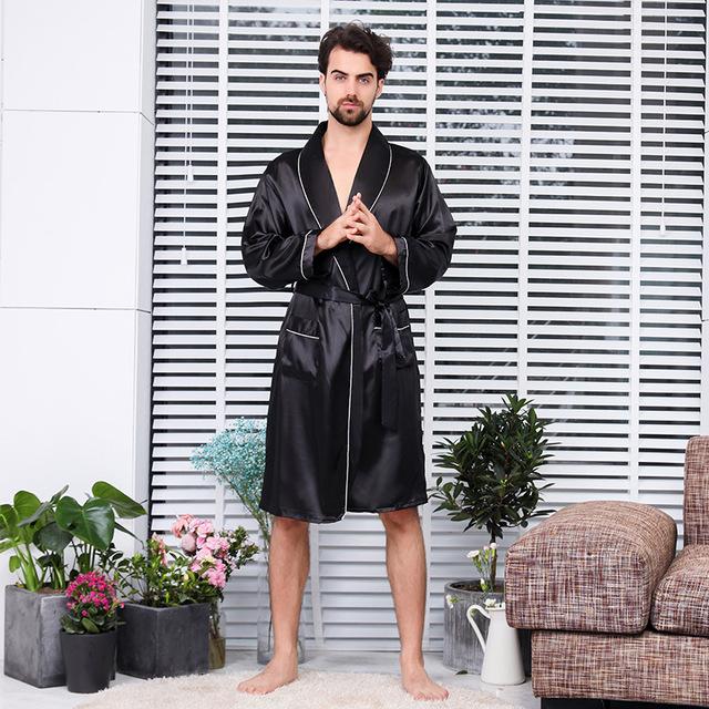 Cross-Border Men One-Piece Silk Robe Summer Thin Silk-like Long Sleeve Pajamas XL Bathrobes 88001 (No Pants)