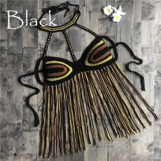 2019 New Black Sexy Women Tassel Bikini Top Boho Beach Swimwear Crochet Fringe Bikini Bra Halter Camisoles Tank Swimsuit