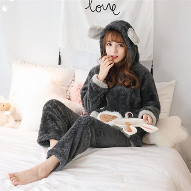 Two Piece Winter Women Pyjamas Thicken Flannel Pajama Sets Lovely Bear Hoodie Cute Pijama Long Nightgown Sleepwear