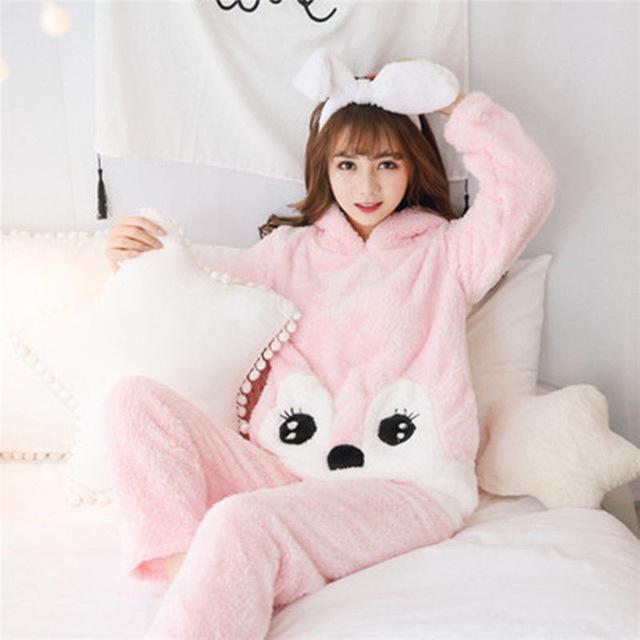 Two Piece Winter Women Pyjamas Thicken Flannel Pajama Sets Lovely Bear Hoodie Cute Pijama Long Nightgown Sleepwear