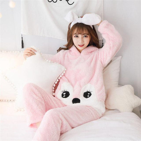 Two Piece Winter Women Pyjamas Thicken Flannel Pajama Sets Lovely Bear Hoodie Cute Pijama Long Nightgown Sleepwear