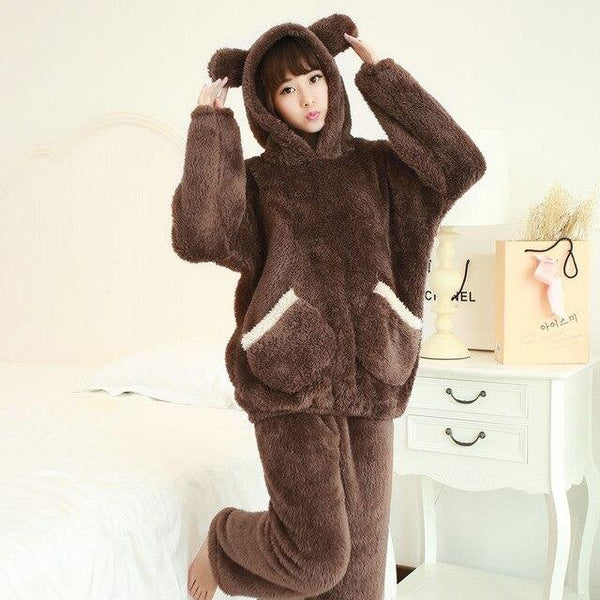 Two Piece Winter Women Pyjamas Thicken Flannel Pajama Sets Lovely Bear Hoodie Cute Pijama Long Nightgown Sleepwear
