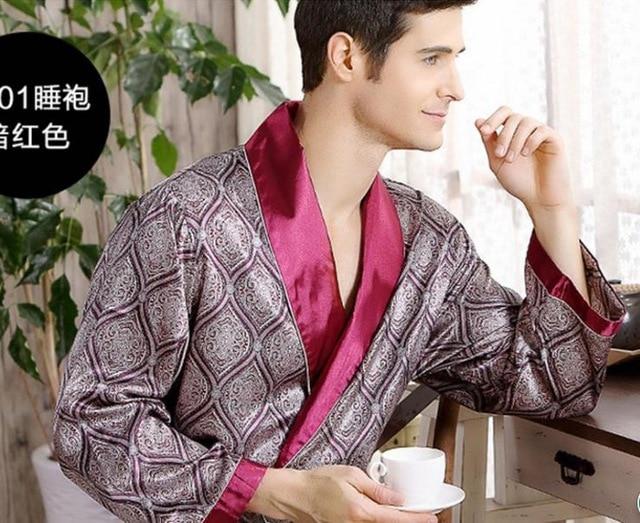 Male New Real Mens Luxury Bathrobe Geometric Robes V-Neck Lmitation Silk Knitted Sleepwear Full Sleeve Nightwear XXXL 5 Colors