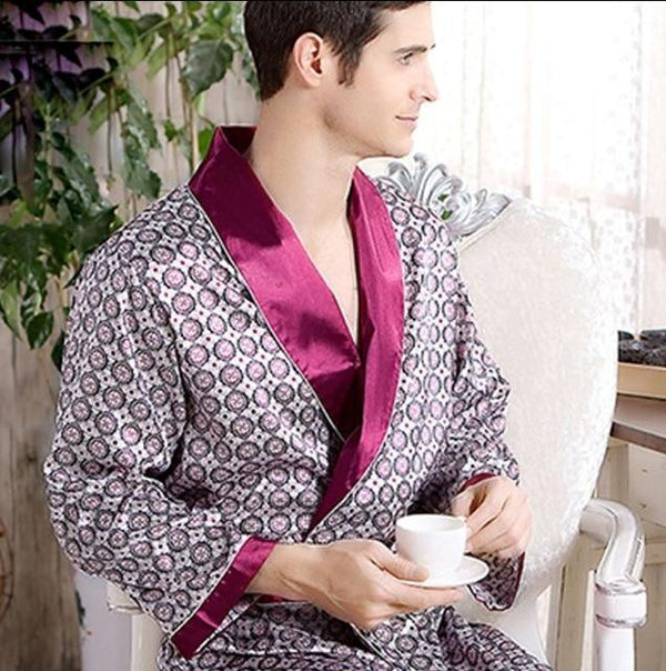 Male New Real Mens Luxury Bathrobe Geometric Robes V-Neck Lmitation Silk Knitted Sleepwear Full Sleeve Nightwear XXXL 5 Colors