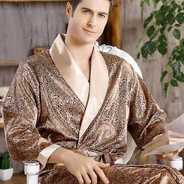 Male New Real Mens Luxury Bathrobe Geometric Robes V-Neck Lmitation Silk Knitted Sleepwear Full Sleeve Nightwear XXXL 5 Colors