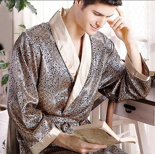Male New Real Mens Luxury Bathrobe Geometric Robes V-Neck Lmitation Silk Knitted Sleepwear Full Sleeve Nightwear XXXL 5 Colors