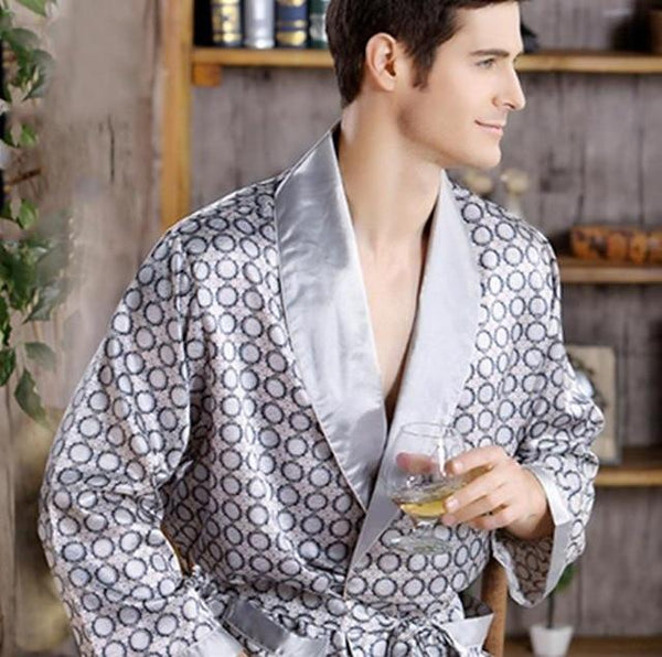 Male New Real Mens Luxury Bathrobe Geometric Robes V-Neck Lmitation Silk Knitted Sleepwear Full Sleeve Nightwear XXXL 5 Colors