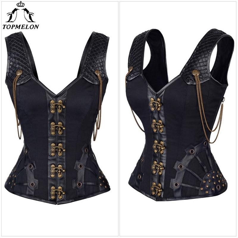 TOPMELON Rivets Gothic Bustier Steampunk Waist Slimming Corset Black Tan Retro Style Tops for Women Plus Size Costume